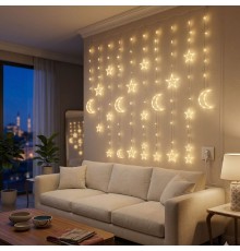 3 Metre Perde LED Işık Zinciri - Yıldız ve Ay Figürlü Sarı Işık Uç Uca Eklenebilir
