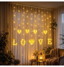 3 Metre Perde Led Işık - 8 Modlu Kalp ve LOVE Figürlü Dekoratif Animasyonlu Led