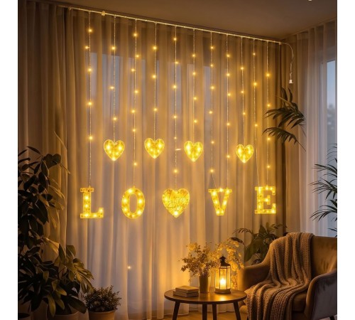3 Metre Perde Led Işık - 8 Modlu Kalp ve LOVE Figürlü Dekoratif Animasyonlu Led