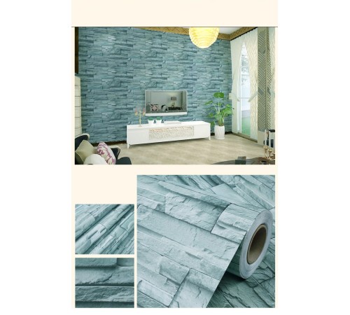 Mavi Tuğla Taş Desenli Kendinden Yapışkanlı 3D Duvar Raf Kapı Kaplama Kağıdı 5 Metre 60 Cm