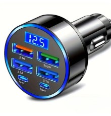 6 Portlu Hızlı Araç Şarj Cihazı – 4 USB + 2 Type-C Çıkışlı Dijital Göstergeli Oto Şarjı