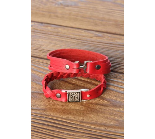 Desenli Metal Aksesuarlı Kırmızı Deri Erkek Bileklik Kombin - TJ-EB2806