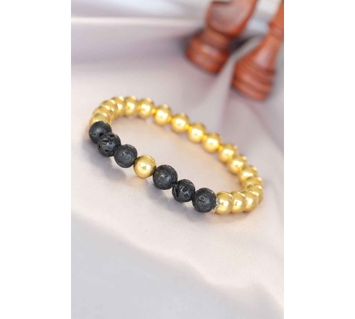 Lav Doğal Taş Detaylı Hematit Gold Renk Erkek Bileklik - TJ-EB3006