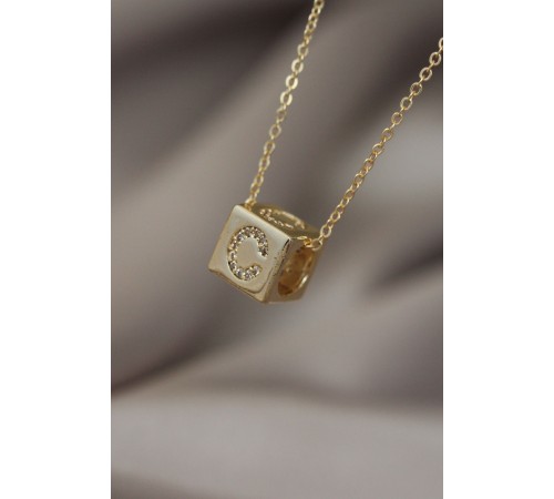 Gold Renk Zirkon Taşlı Küp Model C Harfli Kolye - TJ-BKO5199