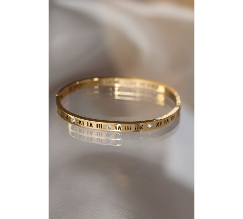 316L Çelik Roma Rakamlı Gold Renk Bilezik Kelepçe - TJ-BB3565