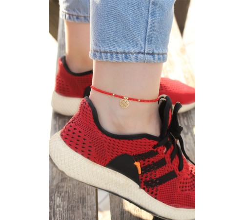 Gold Metal Aksesuarlı Kırmızı Boncuk Detaylı Halhal - TJ-HH1229