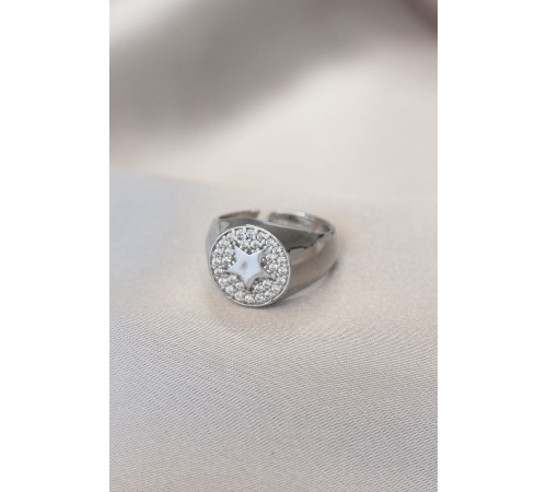 Gümüş Renk Zirkon Taşlı Plaka Yıldız Yüzük - TJ-BYK1745