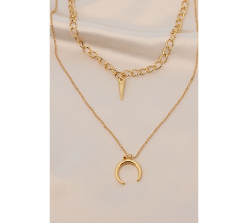 Gold Renk Metal Çift Zincirli Aksesuarlı Kolye - TJ-BKO5978