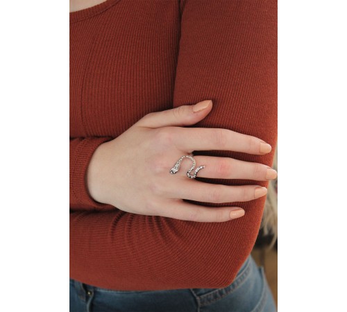 Ayarlanabilir Gümüş Renk Zirkon Taşlı Yılan Yüzük - TJ-BYK2239