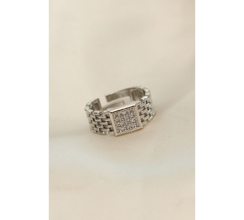 Ayarlamalı Gümüş Renk Kare Zirkon Taşlı Yüzük - TJ-BYK2284