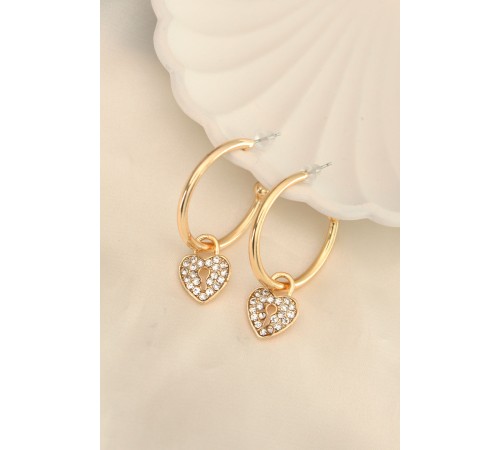 Gold Renk Zirkon Taşlı Kalp Figürlü Halka Küpe - TJ-BKP6363