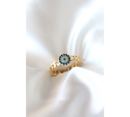 Zirkon Taşlı Nazarlı Altın Kaplama Kadın Yüzük - TJ-BYK2319