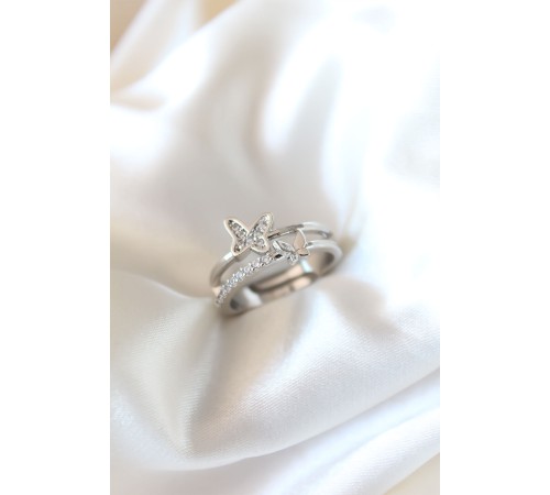 Zirkon Taşlı Gümüş Kaplama Kelebekli Kadın Yüzük - TJ-BYK2320