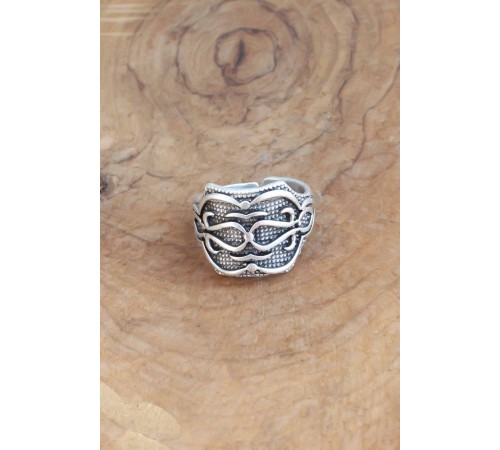 Motifli Gümüş Renk Ayarlanabilir Erkek Yüzük - TJ-EY540