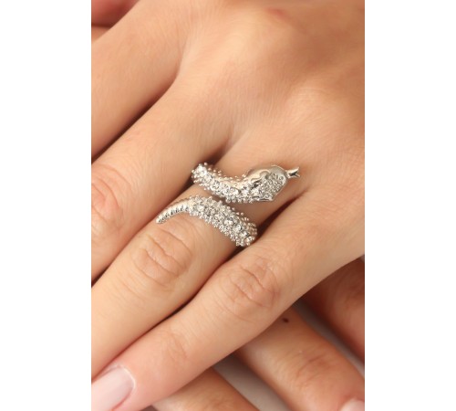 Gümüş Renk Zirkon Taşlı Ayarlanabilir Kadın Yılan Yüzük - TJ-BYK2401