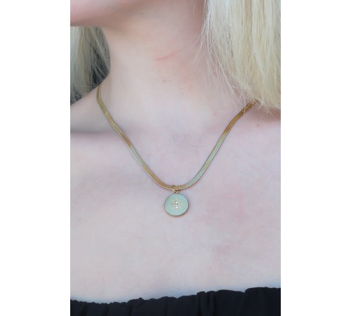 316L Kararmaz Çelik Gold Renk İtalyan Zincirli Kutup Yıldızı Plaka Kadın Kolye - TJ-BKO6736