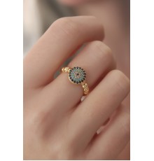 Gold Renk Nazar Boncuk Figür Zirkon Taş Detay Kadın Yüzük - TJ-BYK2413