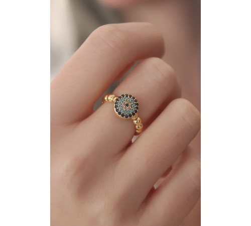 Gold Renk Nazar Boncuk Figür Zirkon Taş Detay Kadın Yüzük - TJ-BYK2413