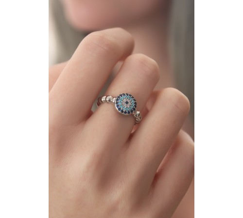 Gümüş Renk Nazar Boncuk Figür Zirkon Taş Detay Kadın Yüzük - TJ-BYK2414