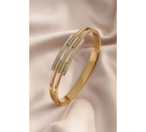 Çelik Gold Renk Taşlı Kaburga Model Kelepçe Kadın Bileklik - TJ-BB4665