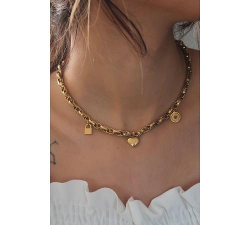 Çelik Gold Renk Kalın Zincir Model Kalp Figür Kadın Kolye - TJ-BKO6898