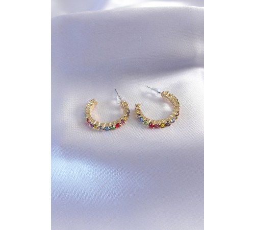 Gold Renk Yarım Halka Model Renkli Kristal Taşlı Kadın Küpe - TJ-BKP7268