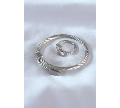 Çelik Gümüş Renk Burgu Model Erkek Bileklik Yüzük Seti - TJ-EB3592