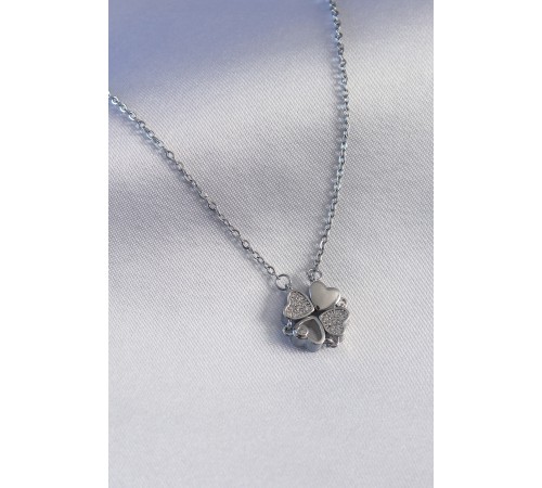 316L Çelik Gümüş Renk Açılır Zirkon Taşlı Yonca Model Kadın Kolye - TJ-BKO7293