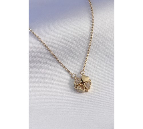 316L Çelik Gold Renk Açılır Yonca Model Zirkon Taşlı Kadın Kolye - TJ-BKO7292