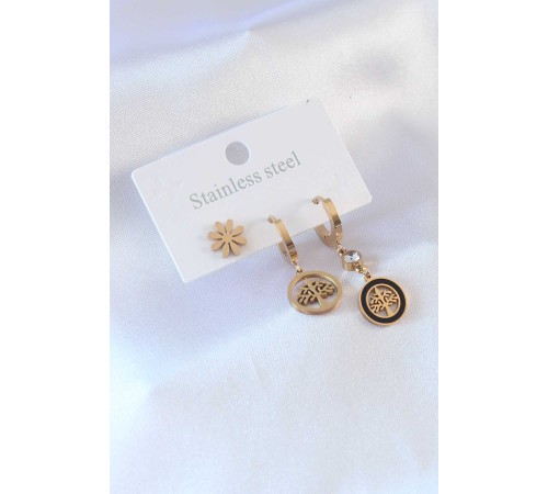 316L Çelik Gold renk Ağaç Model Çiçek Detay Zirkon Taşlı Kadın Küpe - TJ-BKP7348