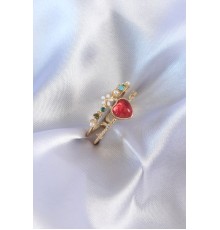 Gold Renk Kırmızı Zirkon Taş Kalp Model Pirinç Kadın Yüzük - TJ-BYK2631