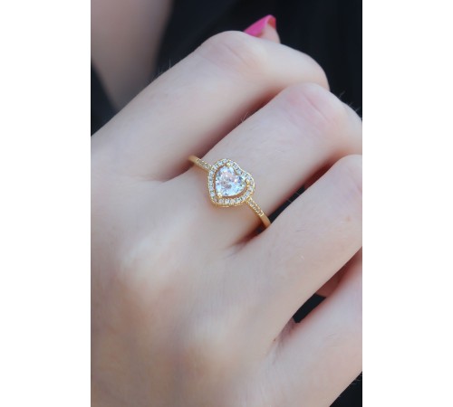 Gold Renk Zirkon Taşlı Kalp Model Charm Pirinç Kadın Yüzük - TJ-BYK2654