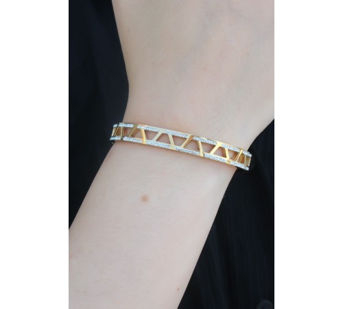 316L Çelik Gold Renk Zirkon Taş İşlemeli Kadın Kelepçe - TJ-BB5291