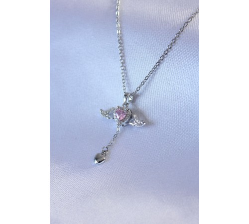 316L Çelik Gümüş Renk Kanatlı Kalp Figür Zirkon Taş Detay Kadın Koyle - TJ-BKO7451