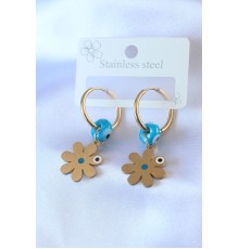 316L Çelik Gold Renk Çiçek Model Nazar Boncuk Detay Kadın Küpe - TJ-BKP7498