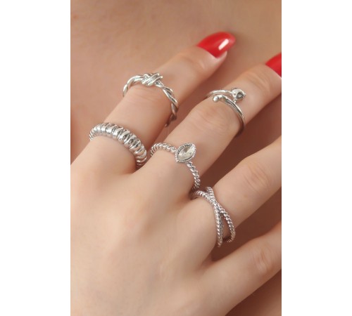 Gümüş Renk Zirkon Taşlı Sarmal Model Kedi Figür Bayan Yüzük Kombin - TJ-BYK2738
