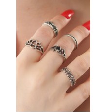 Gümüş Renk Lotus Model Siyah Kristal Taş Detay Bayan Yüzük Kombin - TJ-BYK2740