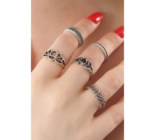 Gümüş Renk Lotus Model Siyah Kristal Taş Detay Bayan Yüzük Kombin - TJ-BYK2740