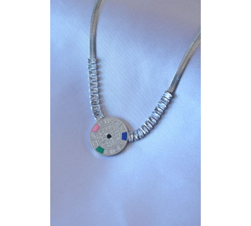 316L Çelik Gümüş Zirkon Taşlı İtalyan Zincir Burç İşeleme Madalyon Kadın Kolye - TJ-BKO7520