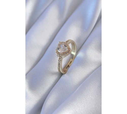 Gold Renk Zirkon Taşlı Kalp Model Pirinç Charm Kadın Yüzük - TJ-BYK2741