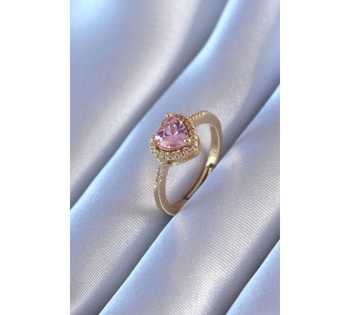 Gold Renk Zirkon Taşlı Kalp Model Pirinç Charm Kadın Yüzük - TJ-BYK2748