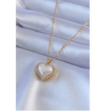 316L Çelik Gold Renk İncili Kalp Model Zirkon Taşlı Kadın Kolye - TJ-BKO7566