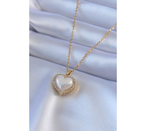 316L Çelik Gold Renk İncili Kalp Model Zirkon Taşlı Kadın Kolye - TJ-BKO7566