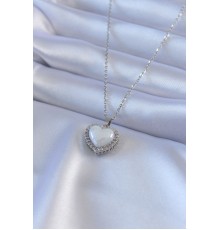 316L Çelik Gümüş Renk İncili Kalp Model Zirkon Taşlı Kadın Kolye - TJ-BKO7567