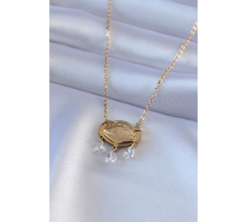 316L Çelik Gold Renk Lotus Model Zirkon Taşlı Kadın Kolye - TJ-BKO7578