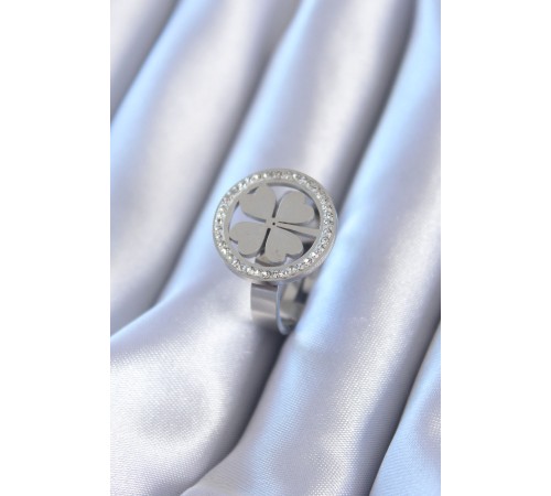 316L Çelik Gümüş Renk Zirkon Taşlı Yonca Model Kadın Yüzük - TJ-BYK2765