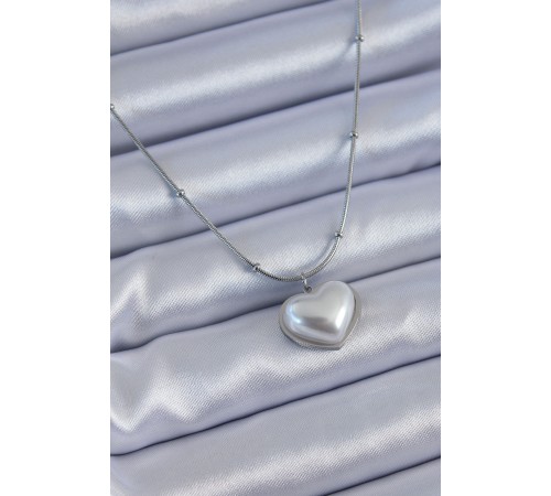 316L Çelik Gümüş Renk İncili Kalp Model Minimal Top Detay Kadın Kolye - TJ-BKO7614