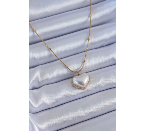 316L Çelik Gold Renk İncili Kalp Model Minimal Top Detay Kadın Kolye - TJ-BKO7615
