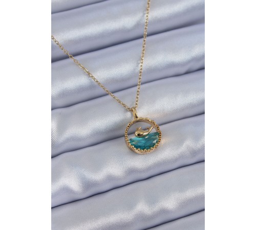 316L Çelik Gold Renk Balina Figür Kristal Taşlı Kadın Kolye - TJ-BKO7657