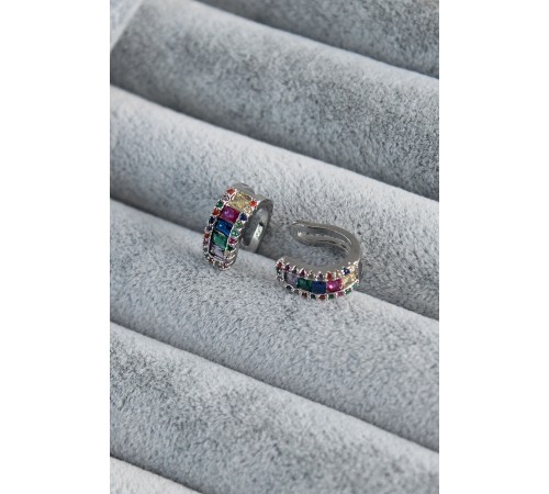 Gümüş Renk Renkli Kristal Taşlı Earcuff Pirinç Kadın Kıkırdak Küpe - TJ-BKP7806